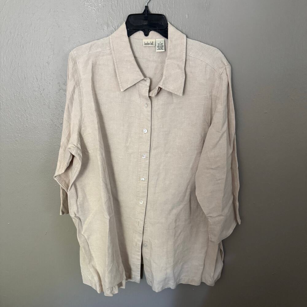 LINDEN HILL Tan Beige Button Up 100% Linen Blouse Size X casual